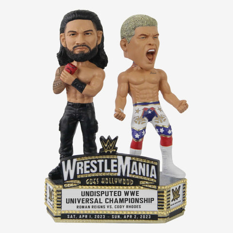 Roman Reigns & Cody Rhodes Wrestlemania 39 Undisputed WWE Universal Championship Mini Bobblehead Scene WWE Bobblehead