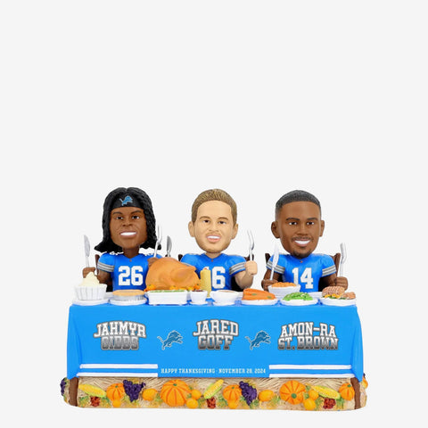 Detroit Lions Thanksgiving Feast Mini Bobblehead Scene Jahmyr Gibbs Goff Brown
