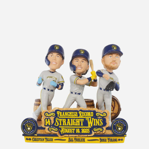 Christian Yelich, Sal Trelick & Brice Turang Milwaukee Brewers Franchise Record 14 Consecutive Wins Mini Bobble Scene MLB Baseball Bobblehead